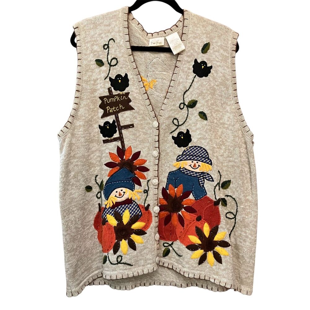 Vintage Bobbie Brooks woman embroidered and beaded fall scene sweater vest